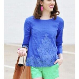 J. Crew Blouse  Royal Blue Embroidered 100% Linen Top Size 0 Laser Cut Eyelet